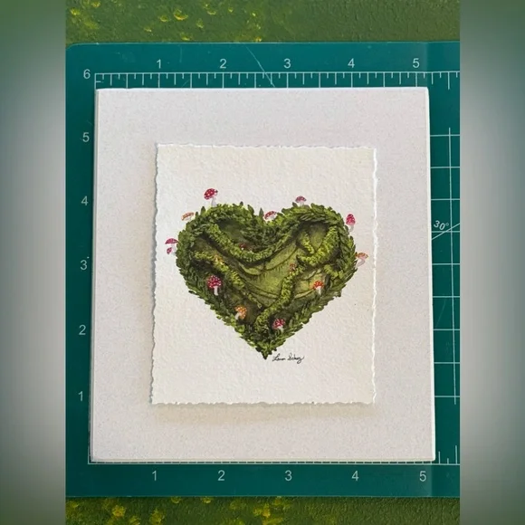 Original Green Heart Mushroom Forest Moss Nature Gouache art Mini fairycore - Picture 6 of 7